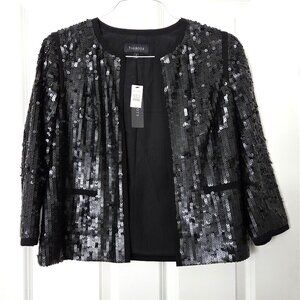 Open Front Solid Black Sequin Cocktail Holiday Jacket